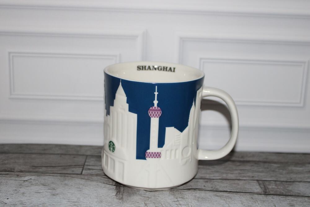 Starbucks Shanghai Relief Mug Blue Skyline City Collection Coffee Cup 16 oz